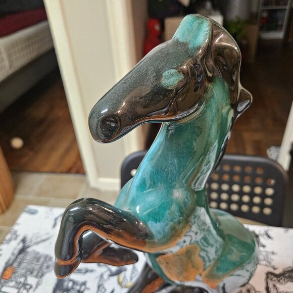 Vintage Blue Mountain Pottery Rearing Green / Black Terra Cotta Horse 14" MCM - Picture 8 of 13